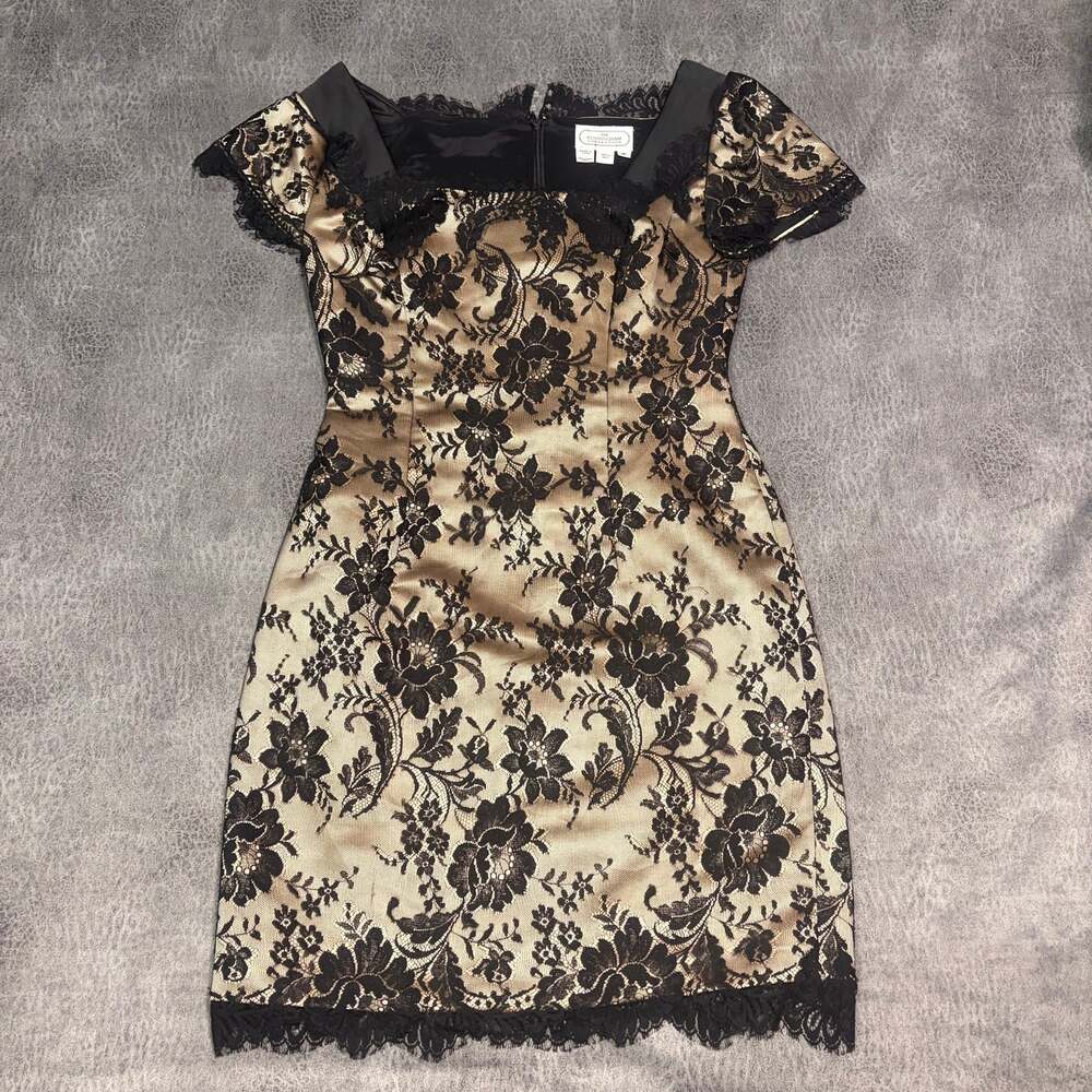 Vintage Silk Champagne Floral Black Lace Dress
